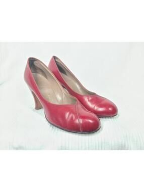Vtg 50s Red Leather High Heel Shoes 7 Pinup Round Toe Thomas CORT Bettie Rare
